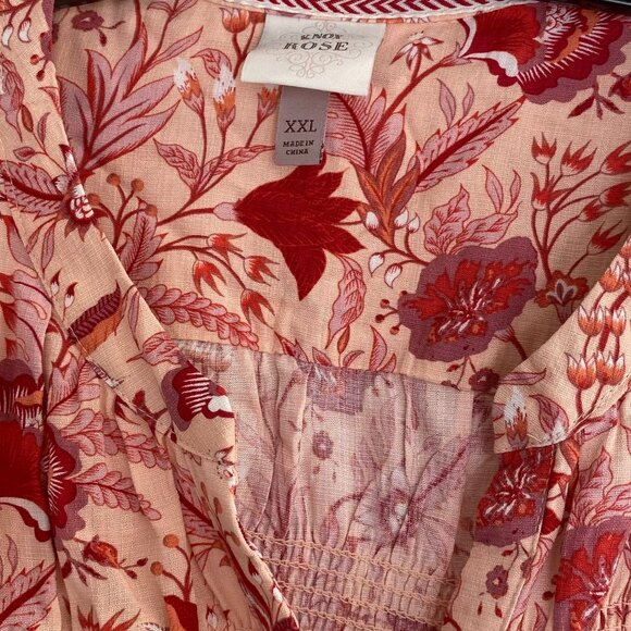 Knox Rose XXL Floral Pink & Red Button-Up Blouse With Smocked Waist & Puff Sleev - Picture 8 of 9